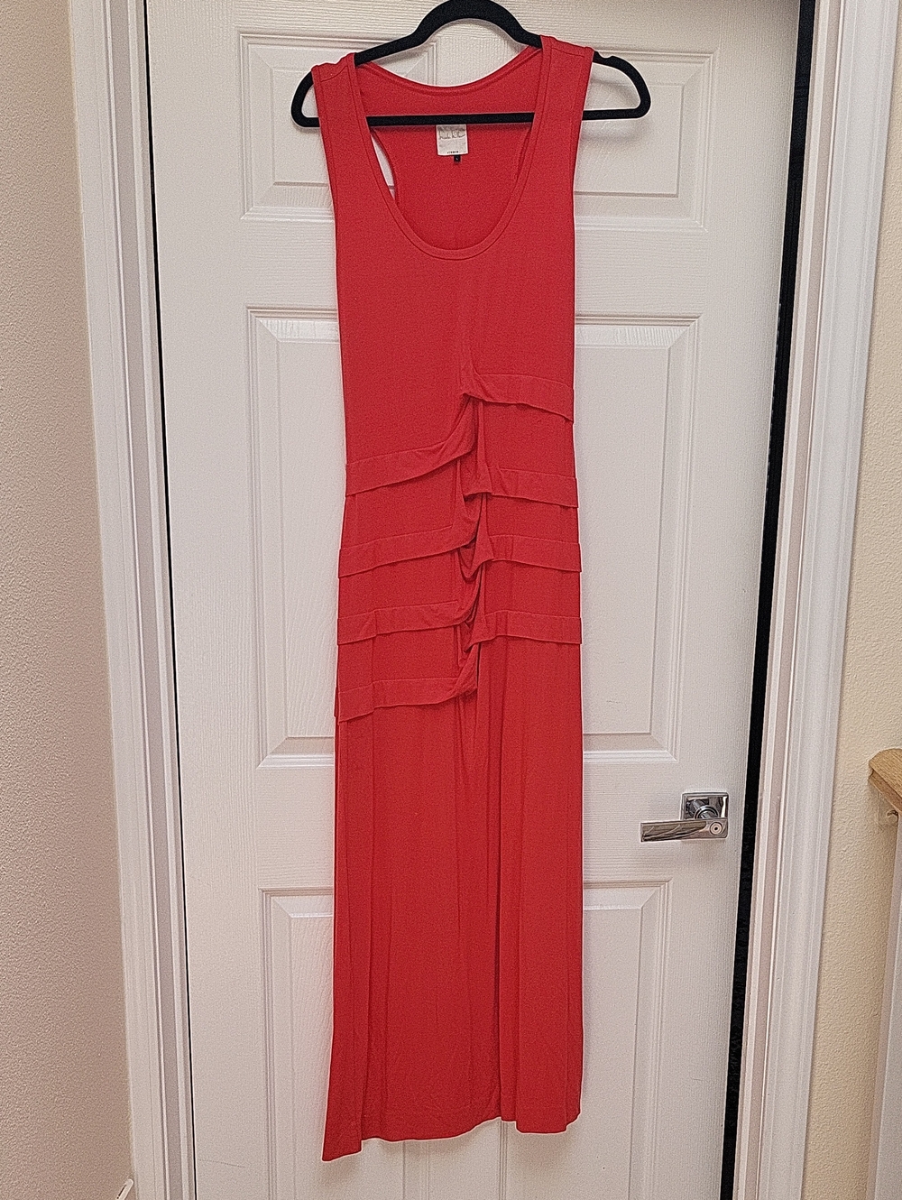 Nicole Miller Coral Red Sleeveless Tiered Maxi Dress
